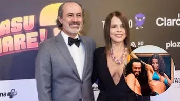 Imagen que combina una foto actual de Carlos Alcántara con esmoquin y Jossie Lindley de negro, con una foto antigua de ambos sonriendo en traje de baño
