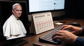 Manos que escriben en un teclado, un calendario de noviembre de 2026 con fechas marcadas en rojo y una pantalla con la foto de un papa.