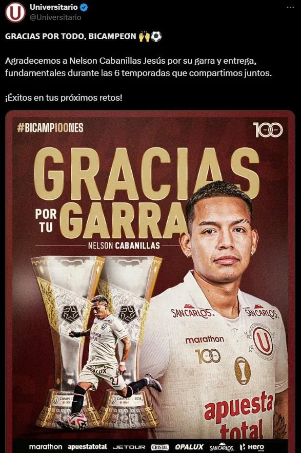 El comunicado de despedida de Universitario a Nelson Cabanillas a fines del 2024. (Universitario)