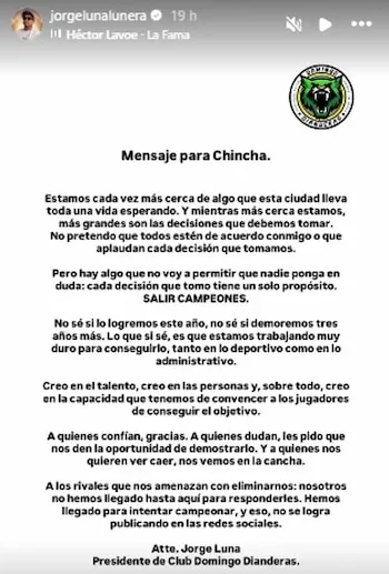 Captura de pantalla de una historia de Instagram con un texto titulado Mensaje para Chincha y el escudo del Club Domingo Dianderas
